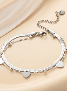 欧美新款小众设计爱心链条双层叠戴镀真金时尚百搭不掉色钛钢手链