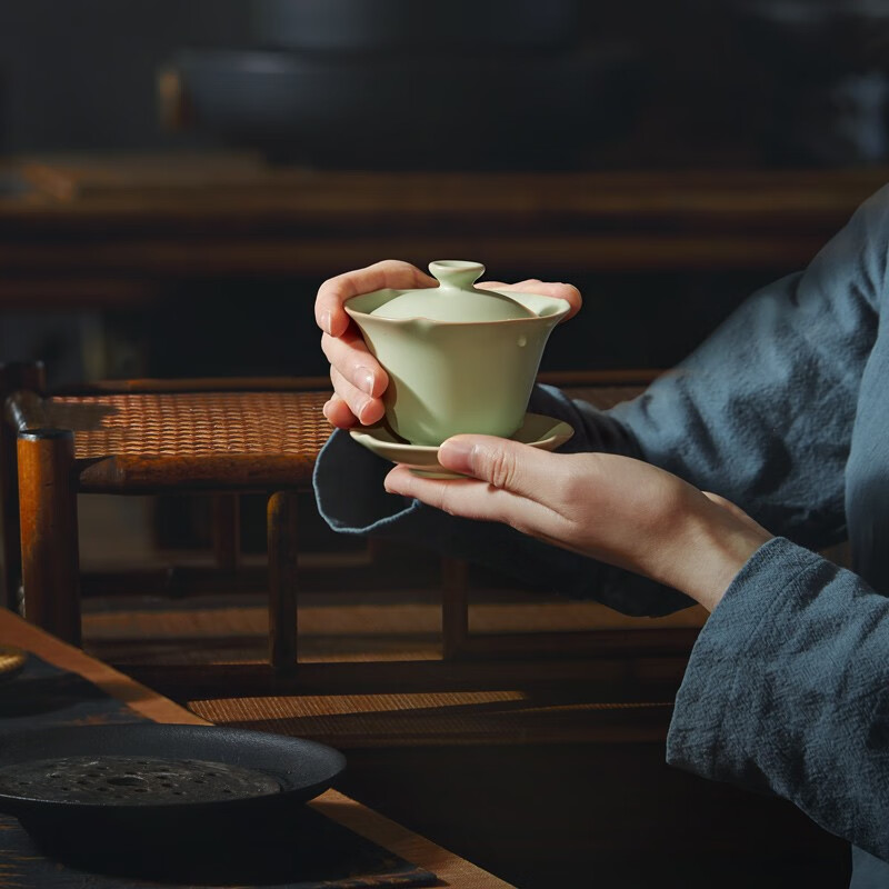 东道汝窑功夫茶具套装高档送礼套组开片可养莲心茶组粉青色 - 图3