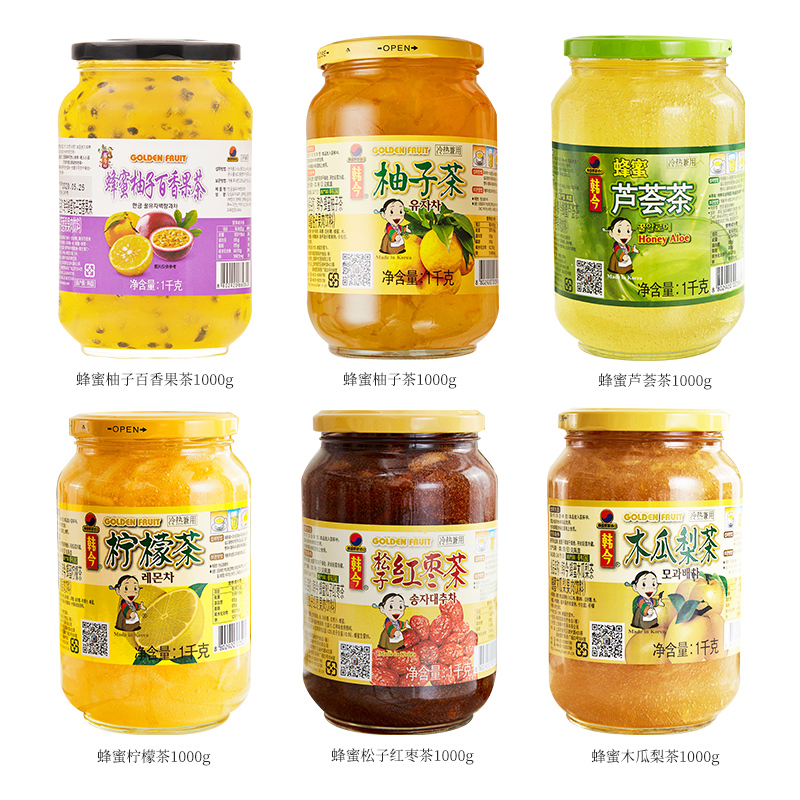韩今旗舰店韩今韩国进口蜂蜜柚子百香果茶酱2kg组合柠檬水果酱冲饮芦荟茶0