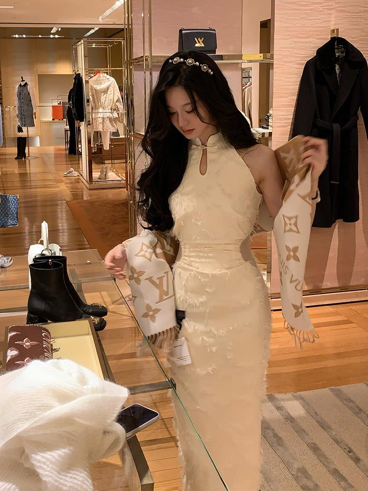 【白玉花瓶腰】白色新中式旗袍女2024夏季新款吊带连衣裙