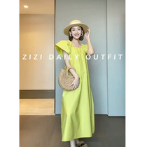 Summer womens French style green foreign dress trendy bubble sleeves Slim Temperament Small Crowd Design Superior Sense Dresses Long