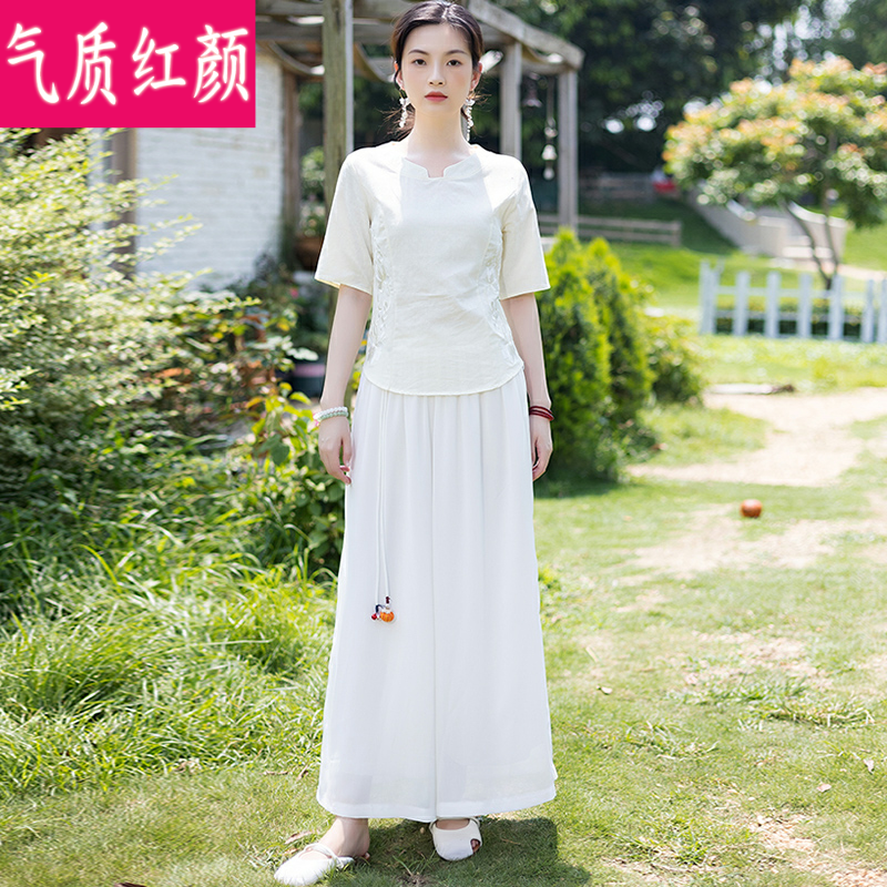 民族风复古绣花亚麻短袖中国风t恤 气质红颜上衣