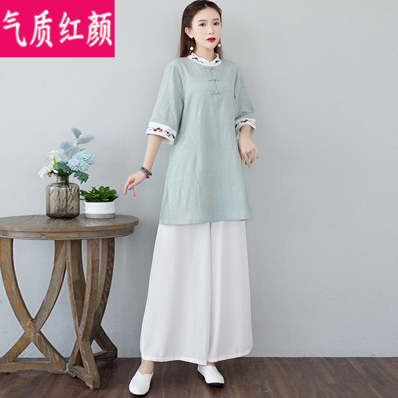 中式唐装复古汉服女夏装禅意禅修服 气质红颜上衣