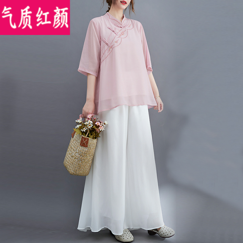 中国风夏装禅意茶禅服唐装套装汉服 气质红颜上衣