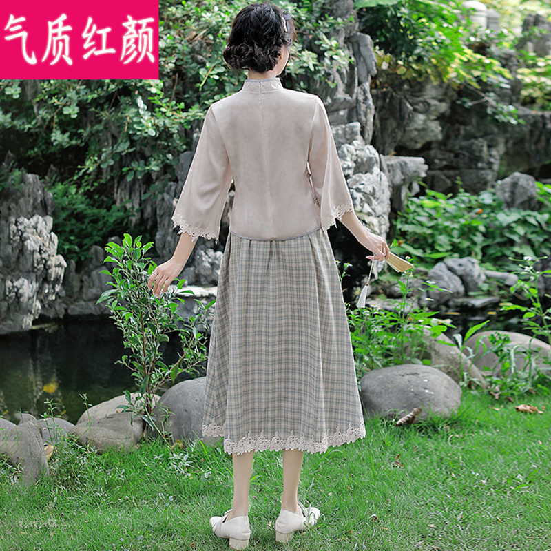 夏季中国风复古唐装禅意茶艺服汉服 气质红颜上衣