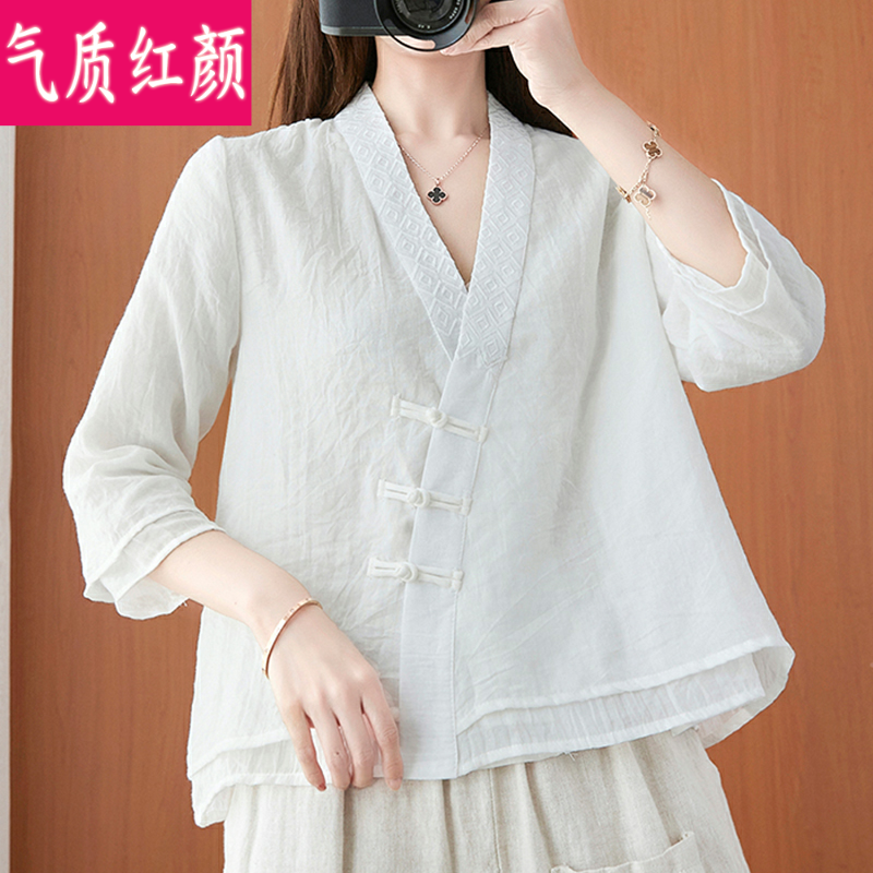 唐装女中国风复古棉麻禅意居士服 气质红颜上衣