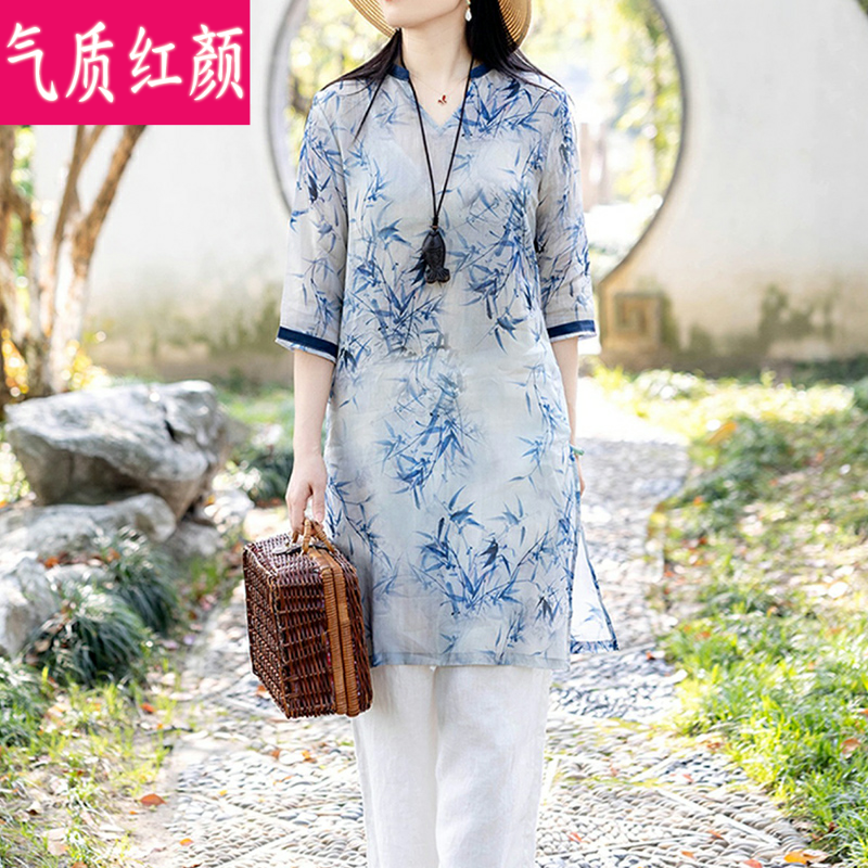 中国风夏装中长款苎麻女棉麻t恤 气质红颜上衣