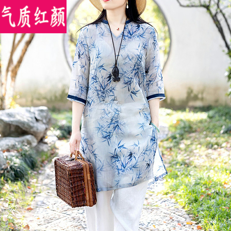 中国风夏装中长款苎麻女棉麻t恤 气质红颜上衣