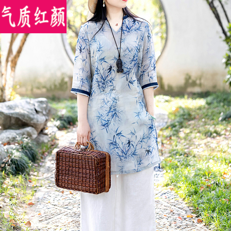 中国风夏装中长款苎麻女棉麻t恤 气质红颜上衣