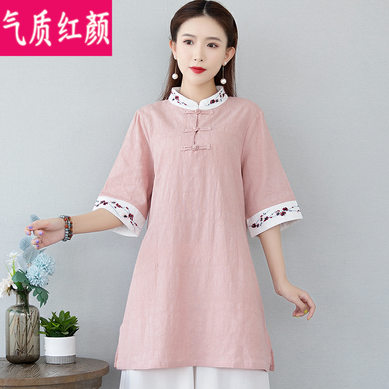 中式唐装复古汉服女夏装禅意禅修服 气质红颜上衣