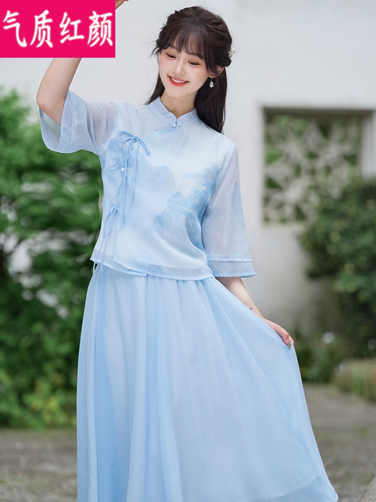 茶艺师服装女装中国风汉服夏装改良年轻款旗袍上衣新中式唐装套装 - 图0