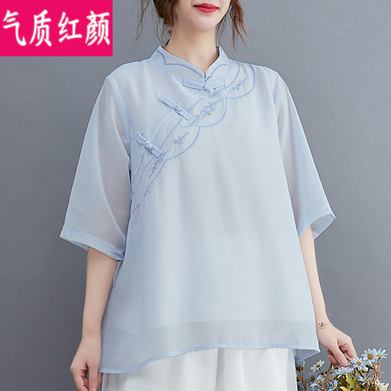 中国风夏装禅意茶禅服唐装套装汉服 气质红颜上衣