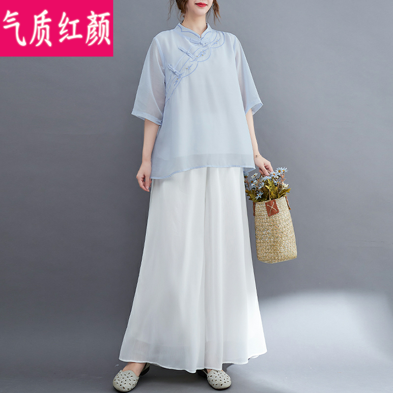 中国风夏装禅意茶禅服唐装套装汉服 气质红颜上衣