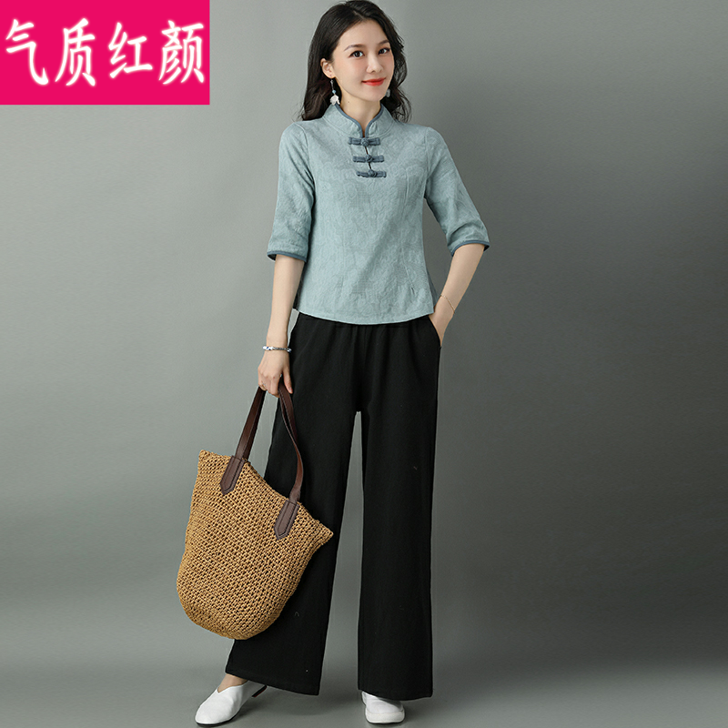 民国风复古唐装棉麻茶服中国风旗袍 气质红颜上衣