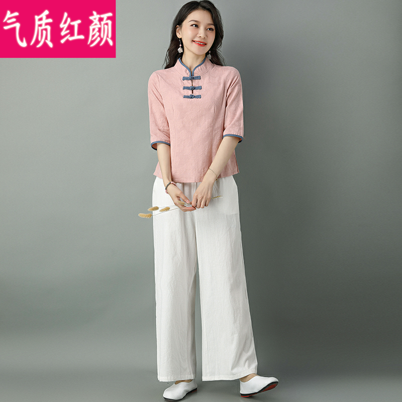 民国风复古唐装棉麻茶服中国风旗袍 气质红颜上衣