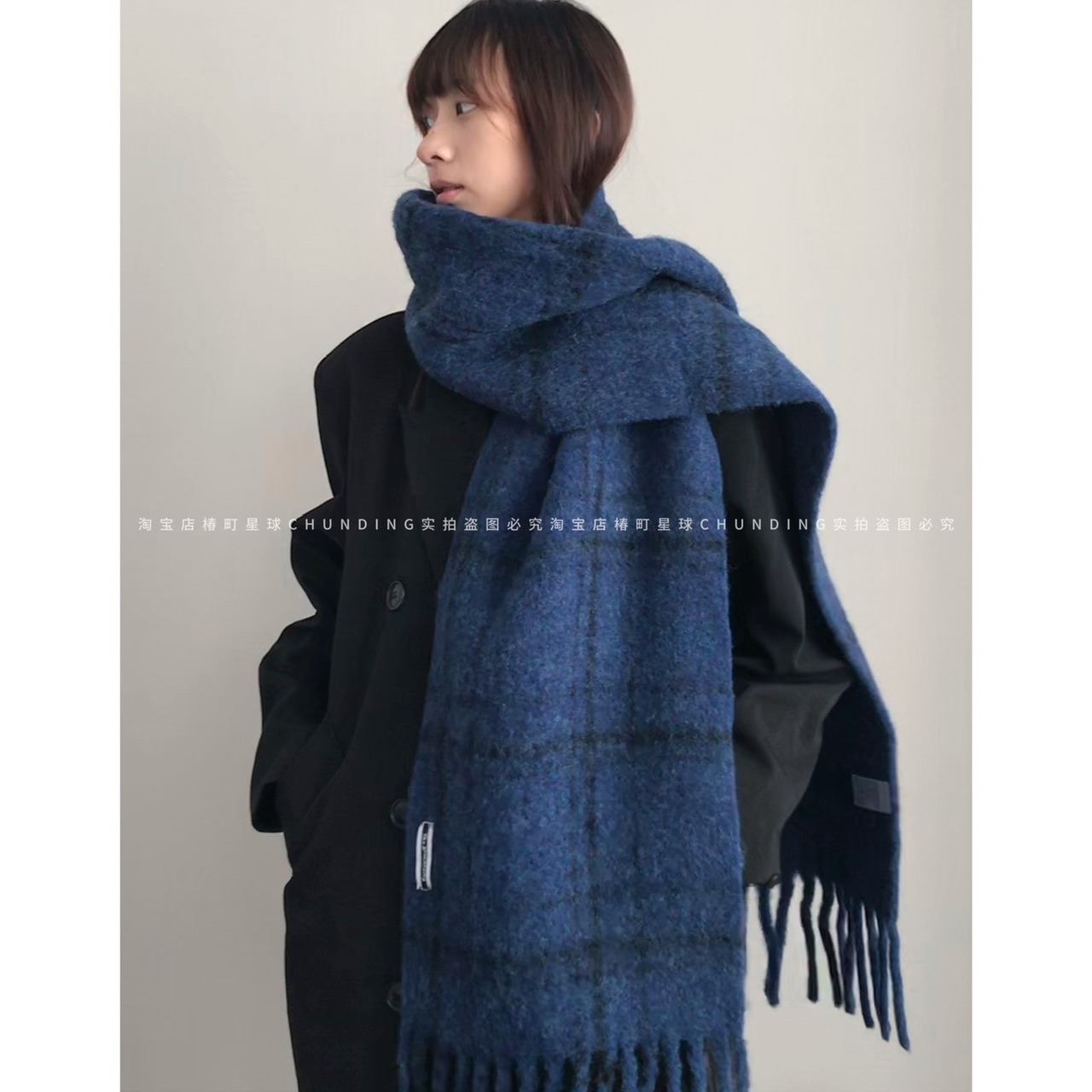 【深海】高级感小众格纹含羊毛流苏围巾深蓝色加厚披肩保暖围脖冬 - 图1