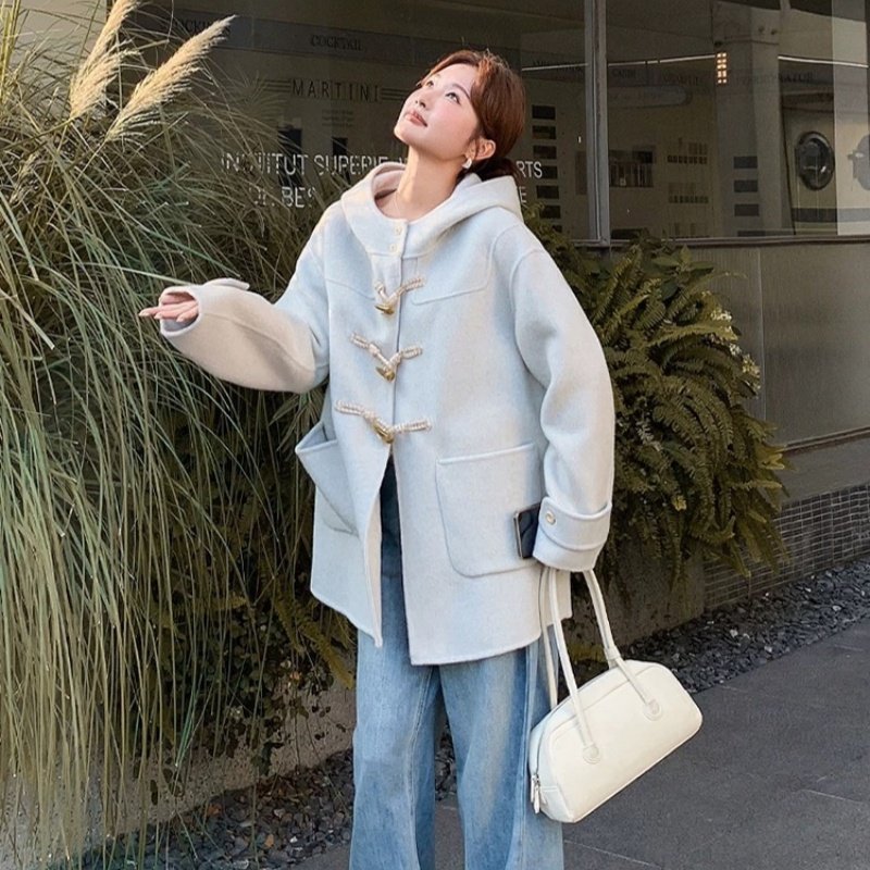 短款韩系连帽牛角扣双面羊绒大衣女2025秋冬新款宽松百搭毛呢外套,淘宝优惠券,粉丝福利购,淘宝优惠卷