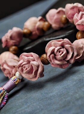 玫瑰花款 天然血柏木手串男女配饰手工编制流苏复古文玩手链