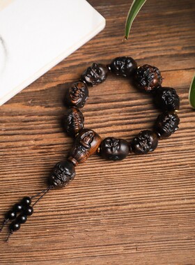 沉香木十八罗汉手串雕刻貔貅佛珠男女手链小叶紫檀木念珠汽车挂件