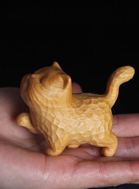 崖柏黄杨木雕现代童趣可爱清香傲娇猫招财小猫手把件随身盘玩动物