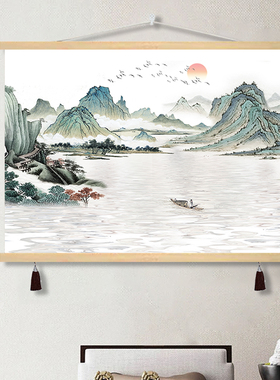 山水茶室一件定制挂画免打孔国风