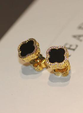 镀K金 蒂樊朵Difando【黑色四叶花】耳饰ZJ0376【海外订