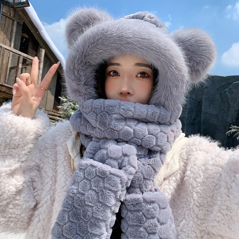 2025款防冻防寒防风护脸一体帽巨好看时尚潮流三合一毛绒围巾手套