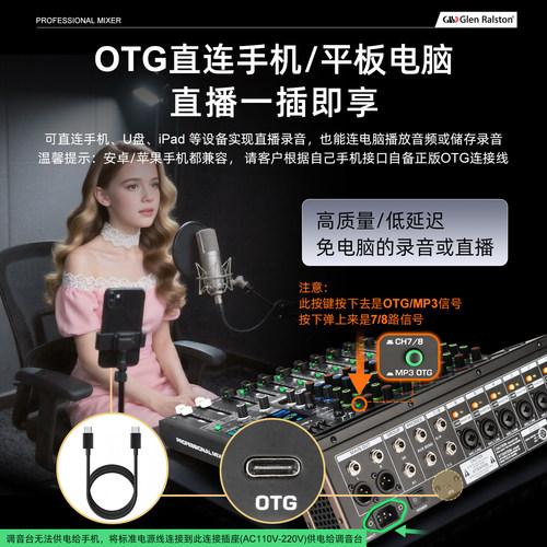 GLSD格伦士顿专业调音台8路12路99种混响蓝牙演出婚庆家用音控台 - 图1