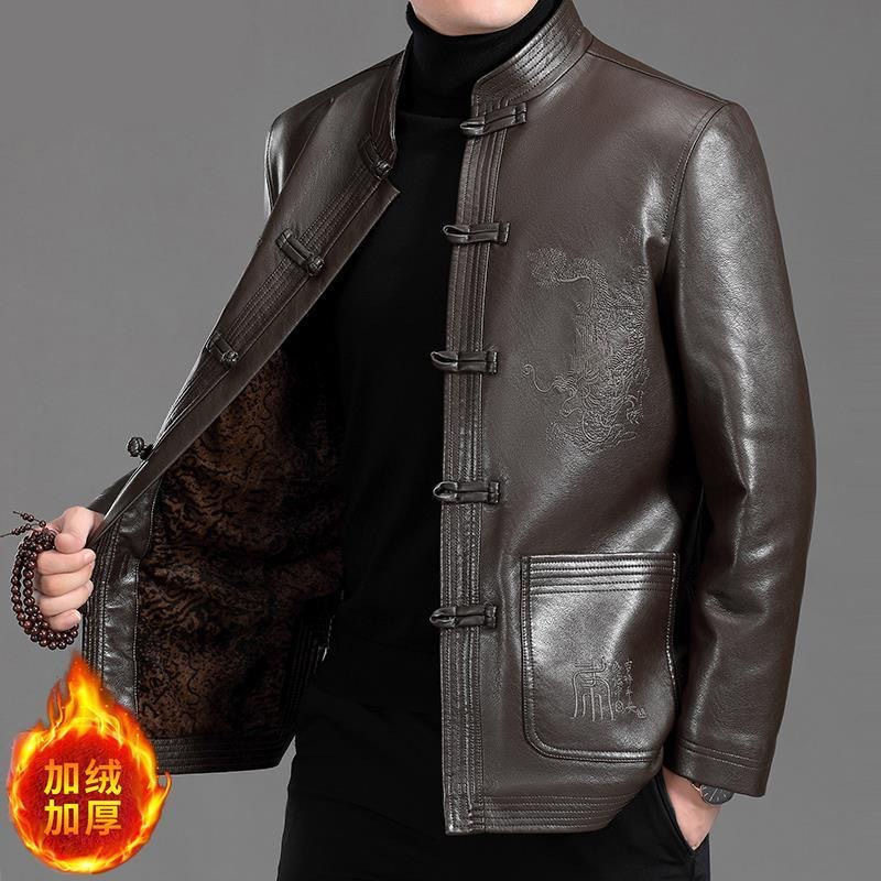 【】唐装皮衣男士PU刺绣爸爸中国风外套加绒加厚棉服民族风,淘宝优惠券,粉丝福利购,淘宝优惠卷