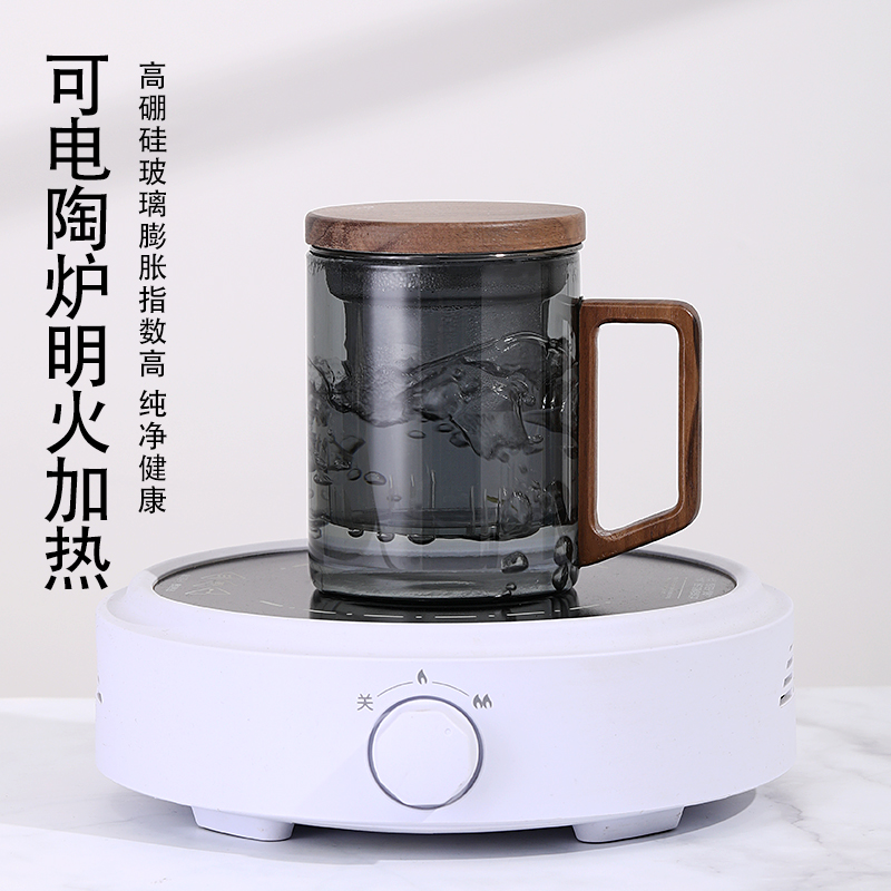 玻璃茶杯 耐高温茶水分离泡茶杯 过滤办公室喝水杯家用木把茶道杯 - 图1