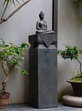 中式招财铜钱石柱展示复古盆景户外庭院花园别墅室外装饰落地摆件
