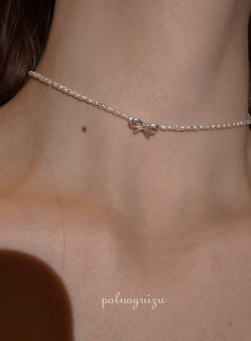 《梦幻岛》纯爱小蝴蝶结天然珍珠choker颈链可调节少女心项链