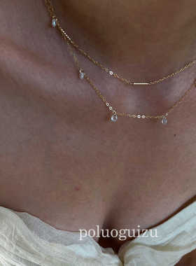 春夏14k包金叠戴小众锁骨链锆石