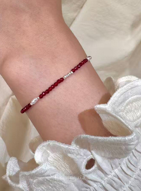 确幸红手工天然红尖晶石强光珍珠s925碎银手链超显白新年本命年