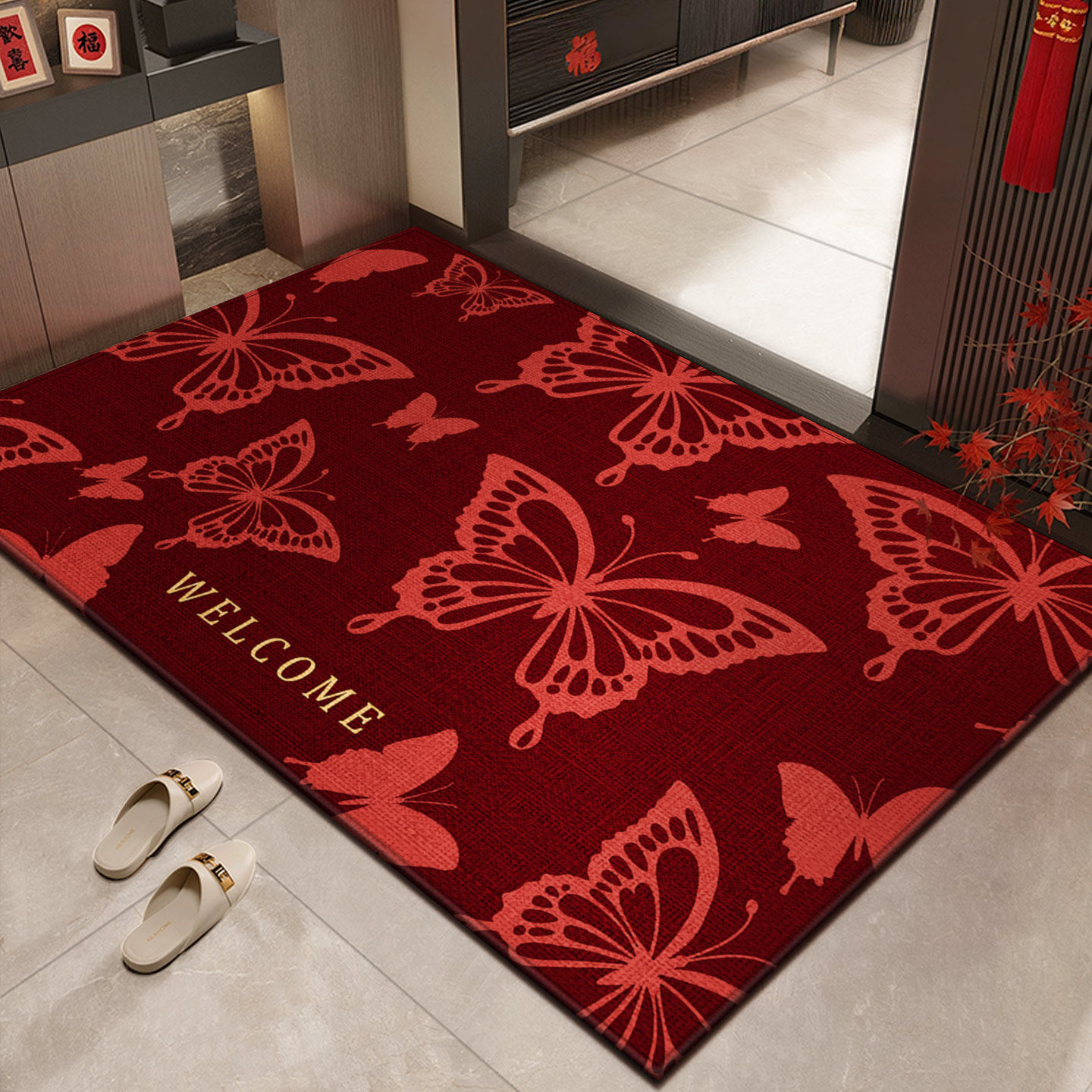 入户门地垫蝴蝶红色进门口免洗地毯家用新款比利时绒耐脏防滑脚垫,淘宝优惠券,粉丝福利购,淘宝优惠卷