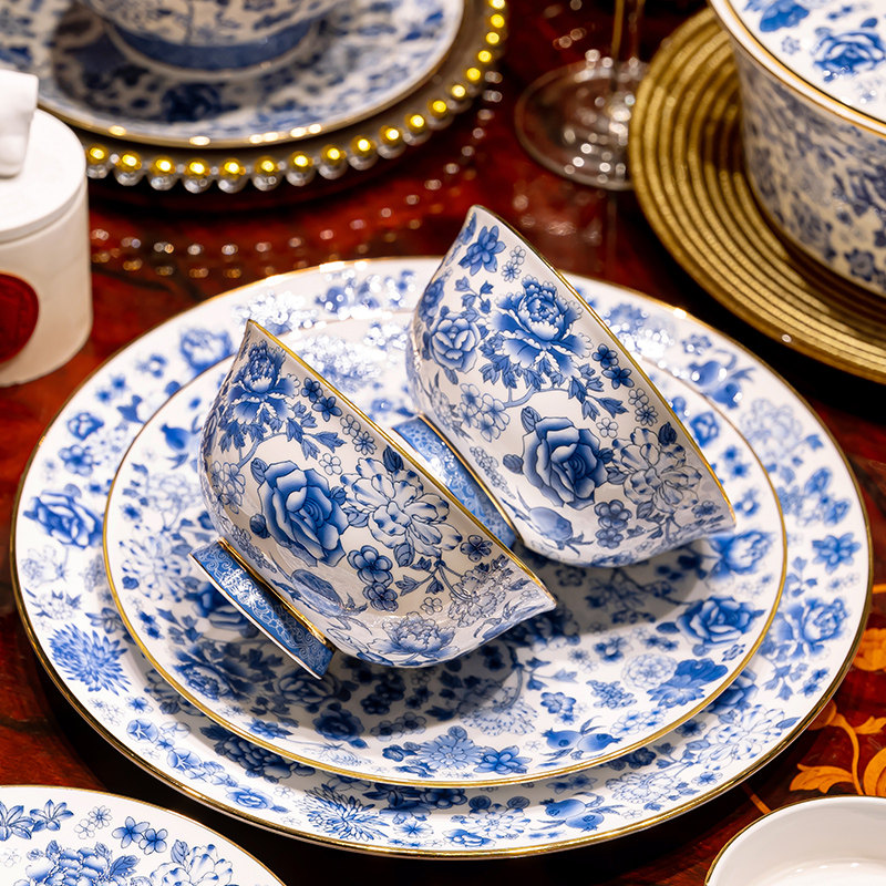 康普诗青花瓷碗 珐琅彩碗家用高档餐具碗盘面碗陶瓷碗碟套装饭碗,淘宝优惠券,粉丝福利购,淘宝优惠卷