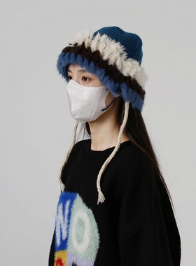 甜美冬季兔毛帽子护耳拼色水母帽
