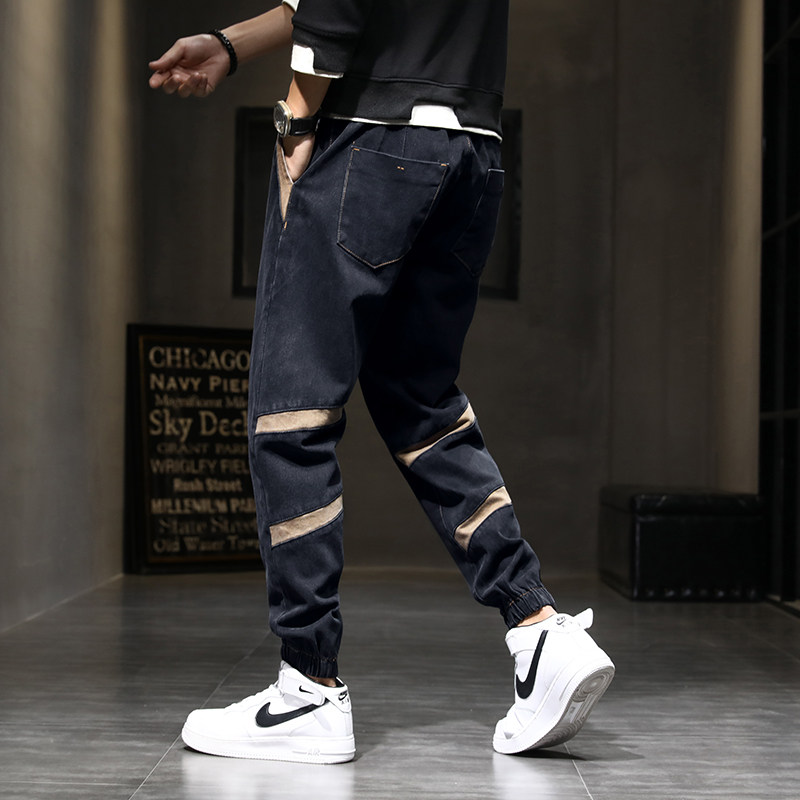 秋季男士潮牌松紧绳束脚拼接哈伦裤 图维奚牛仔裤