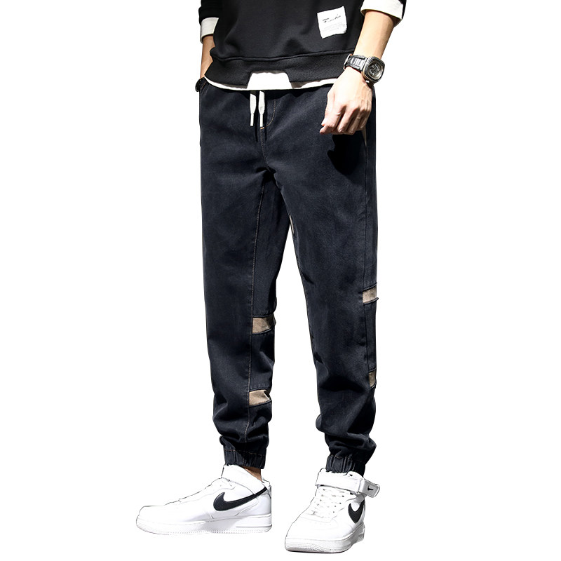 秋季男士潮牌松紧绳束脚拼接哈伦裤 图维奚牛仔裤