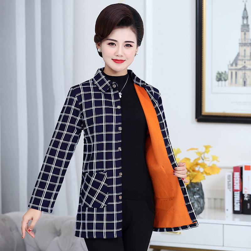 妈妈秋冬装加绒加厚外套中长款衬衫 私设中老年女装