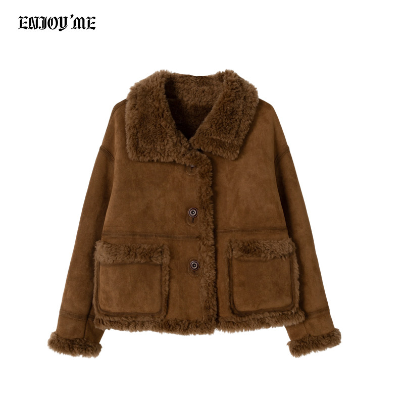 ENJOY商场同款美拉德风羊羔毛皮毛一体短外套女冬季保暖麂皮外套,淘宝优惠券,粉丝福利购,淘宝优惠卷