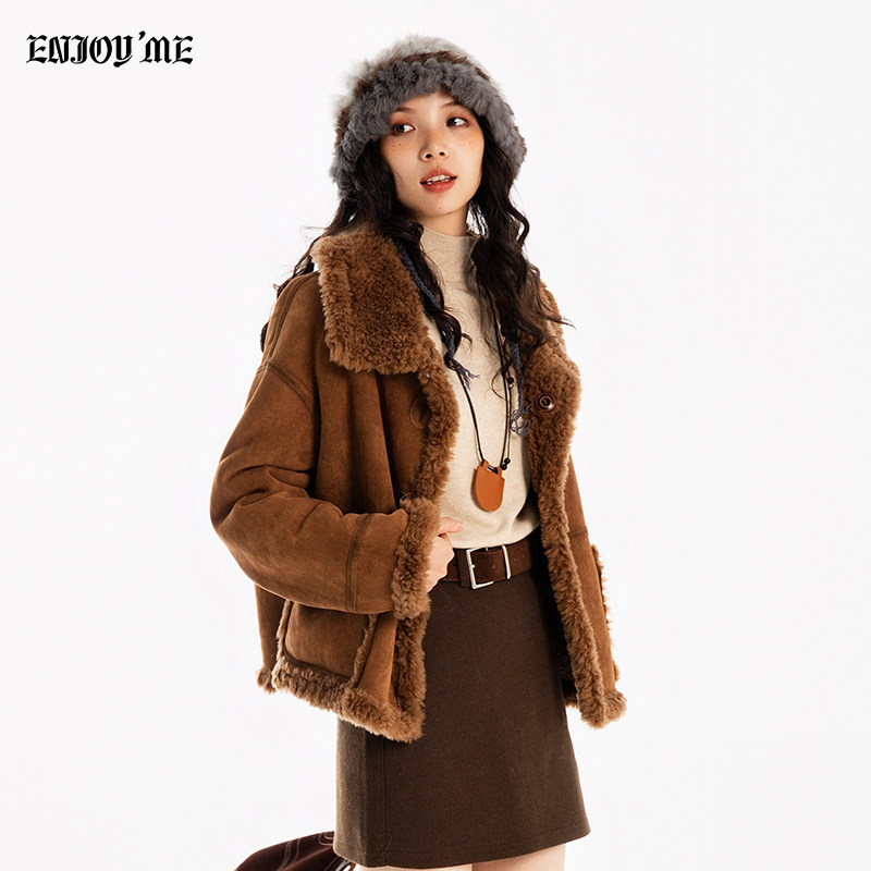 ENJOY商场同款美拉德风羊羔毛皮毛一体短外套女冬季保暖麂皮外套,淘宝优惠券,粉丝福利购,淘宝优惠卷