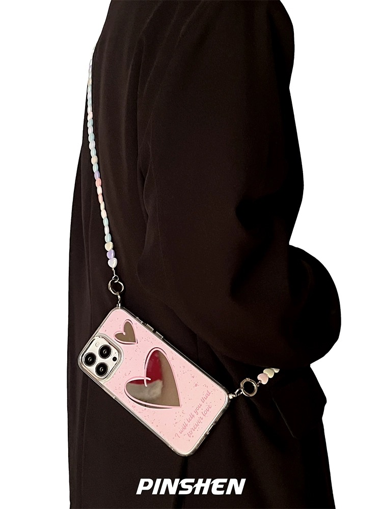 原创小众粉色少女镜面适用红米note12手机壳noto11T爱心斜挎链条redminote10新款N9pro可背肩带8A高级7p轻奢 - 图0