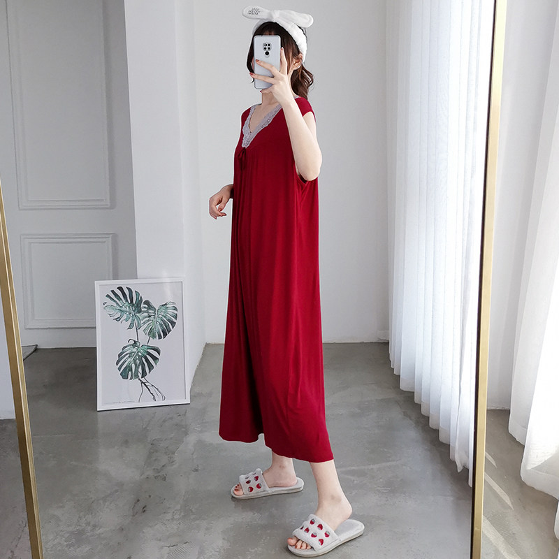 大码睡裙女200斤夏季宽松薄款莫代尔无袖蕾丝红色睡衣家居服胖mm,淘宝优惠券,粉丝福利购,淘宝优惠卷