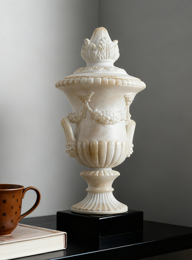 欧式古典双鸾仿玉石尊瓶艺术摆件