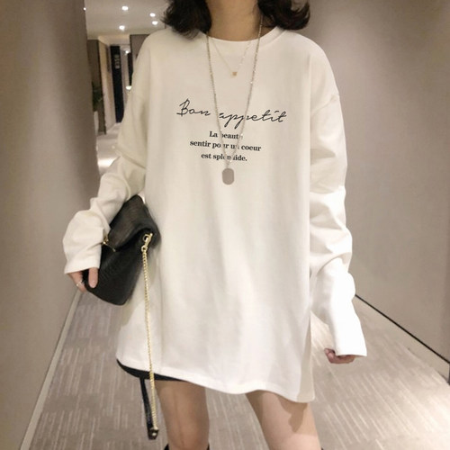 2025秋冬新款长袖t恤女韩版宽松大码中长款纯棉打底衫显瘦上衣潮 - 图1