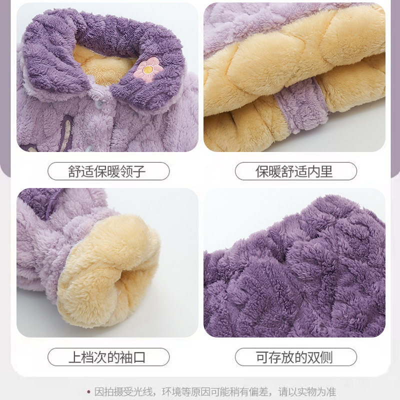 儿童加绒加厚三层夹棉珊瑚绒冬款睡衣女童女孩保暖家居服棉衣套装 - 图0