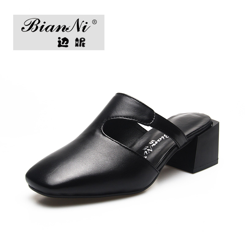 边妮旗舰店新款夏季真皮包头半拖鞋女外穿时尚百搭凉拖鞋方头粗跟穆勒鞋1