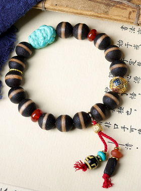 原创设计一线包浆天珠手链 文玩菱镁矿松石财神中式手串