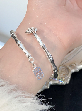 铜镀银手镯女竹报平安银镯子开口